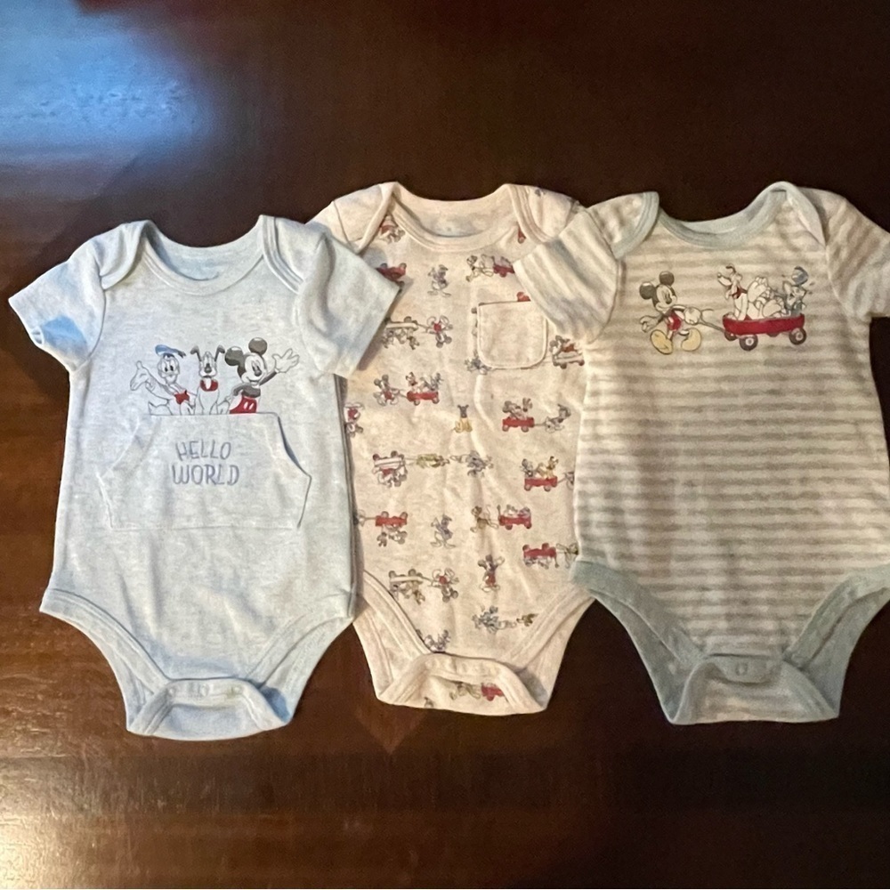 Disney Baby | (3) short sleeve Mickey Mouse and friends onesie bundle | 6-9 mo
